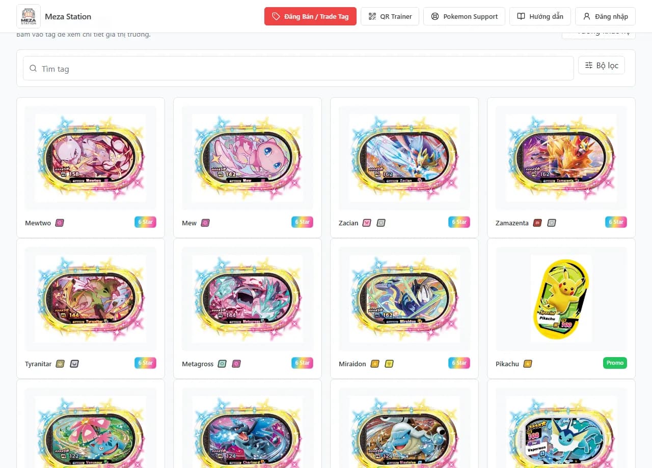 The top of the Meza Station catalog with search, filters, and the first tags