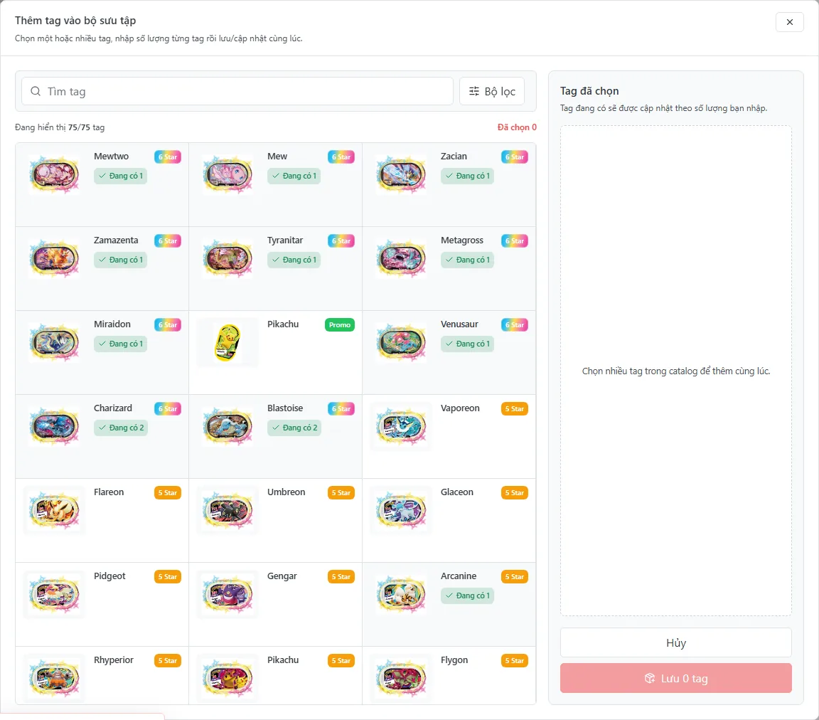 The modal for adding tags into the collection
