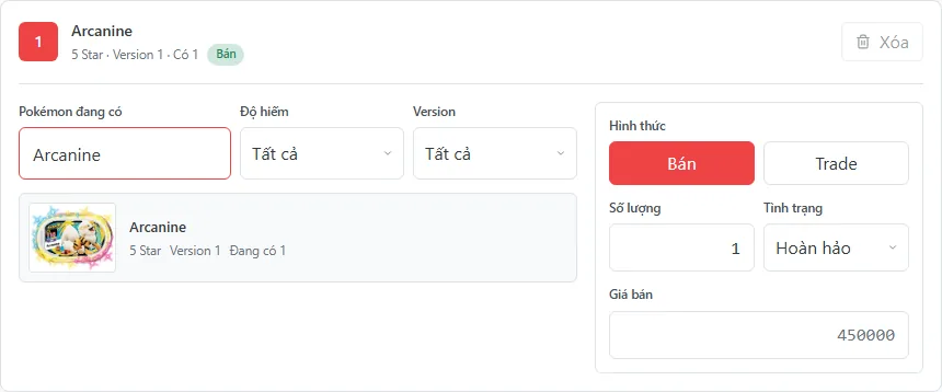 A sell-listing row showing the selected tag, sell mode, quantity, and price
