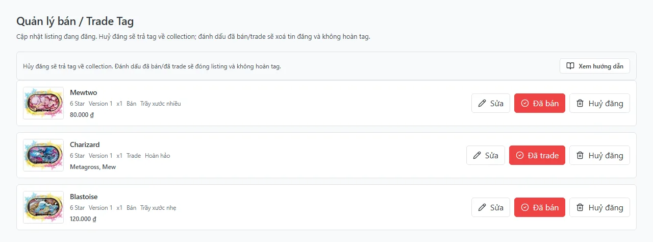 An active listing in the management screen with edit, sold, and cancel actions