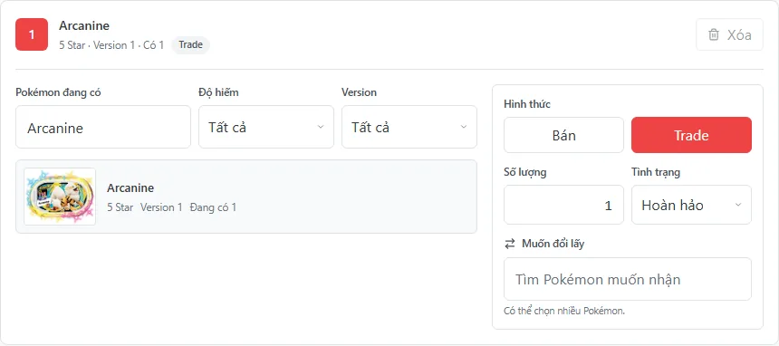 A trade-listing row with the wanted-tag selector
