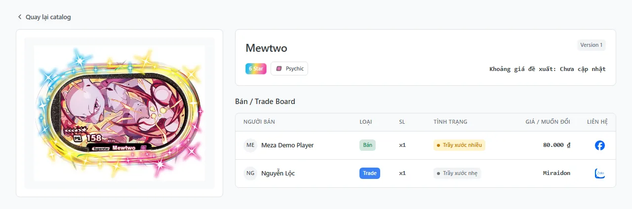 The tag detail area and the Sell / Trade Board with contact buttons
